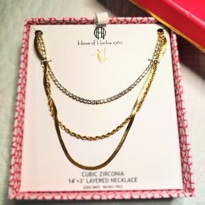 House of Harlow 1960 Gold Sparkling CZ Layered Necklace Cubic Zirconia Gift Box!
